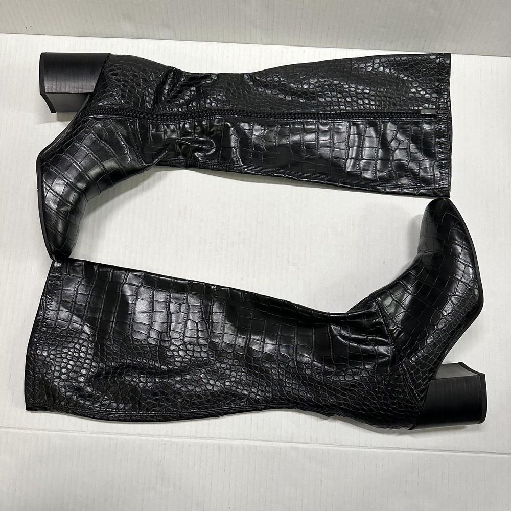 Franco Sarto Black Croc-Embossed Knee-High Heeled Boots